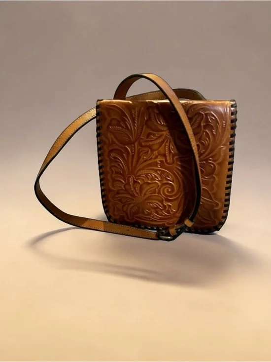 Patricia Nash Granada Tooled Leather Crossbody Bag Tan Floral Embossed - Picture 3 of 8